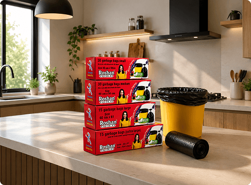 Roshan Gold Garbage Bags on Counter